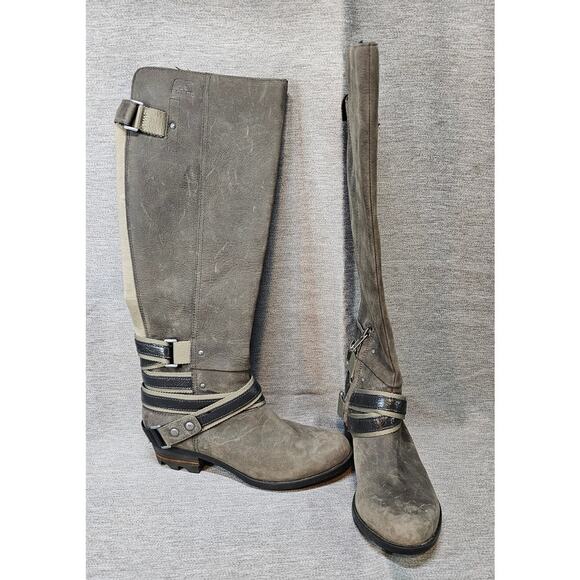Sorel Womens Lolla Tall Boots US 8 Grey Leather Zip Belted Waterproof Boots - Picture 1 of 10